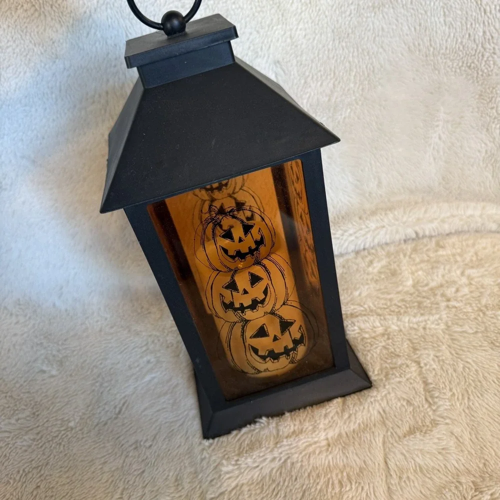 Halloween Pumpkin Lantern Battery Operated Lighted Black 11x5 Decor